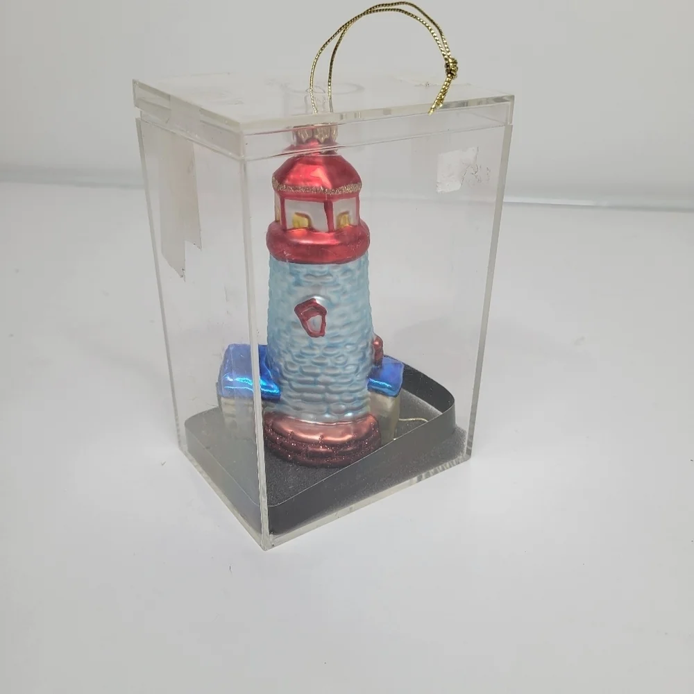 VTG Blown Glass lighthouse‎ Ornament Red Blue Glitter Ocean Coastal Holiday Gift